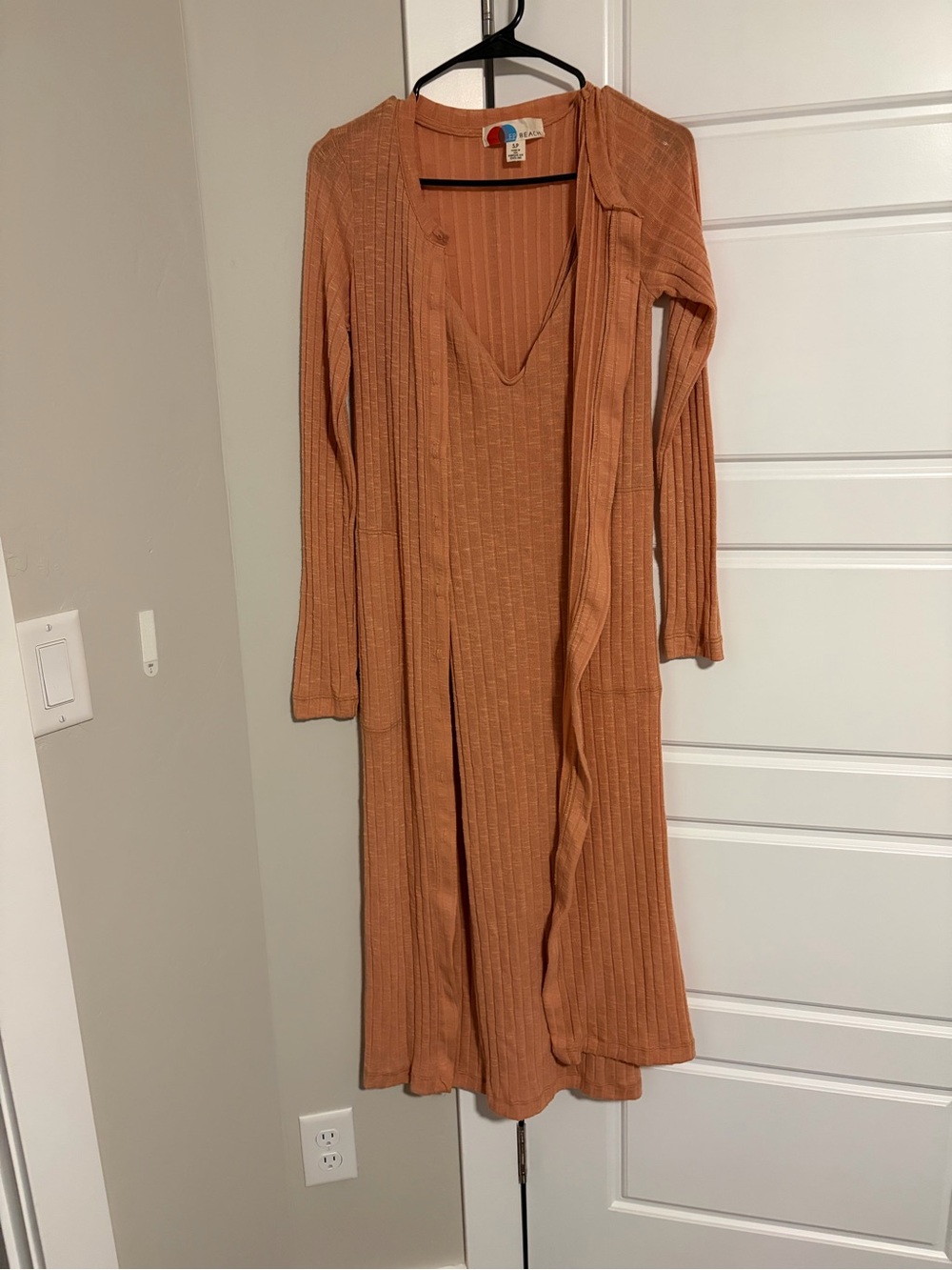Ribbed V-Neck Maxi Dress with Matching Long Cardigan in Rust